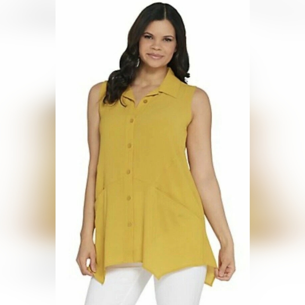 (2)Joan Rivers Tunic Sleeveless Crepe Gauze Pink Yellow Large Stretch Shirt Top - Picture 15 of 15